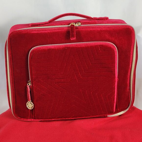 Estee Lauder Handbags - Estee Lauder Red Velvet with Gold Hardware Holiday Recycled Cosmetic Makeup Bag